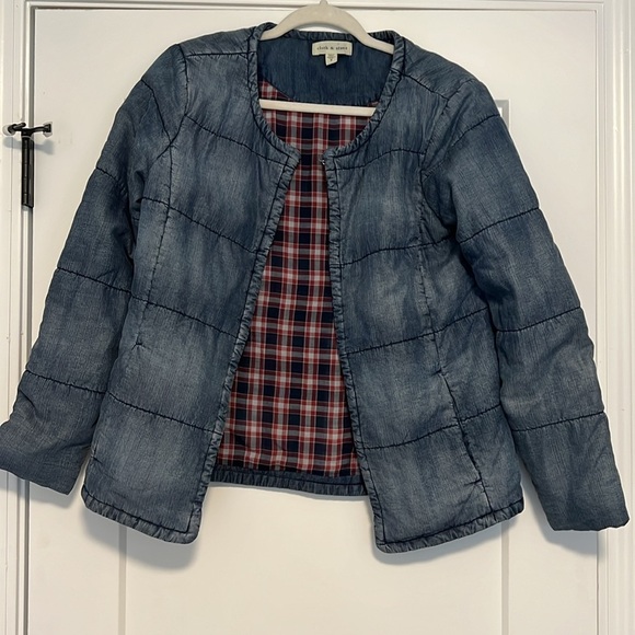 Anthropologie Cloth & Stone Chambray Quilted Plaid-lined Car Coat - Picture 3 of 7